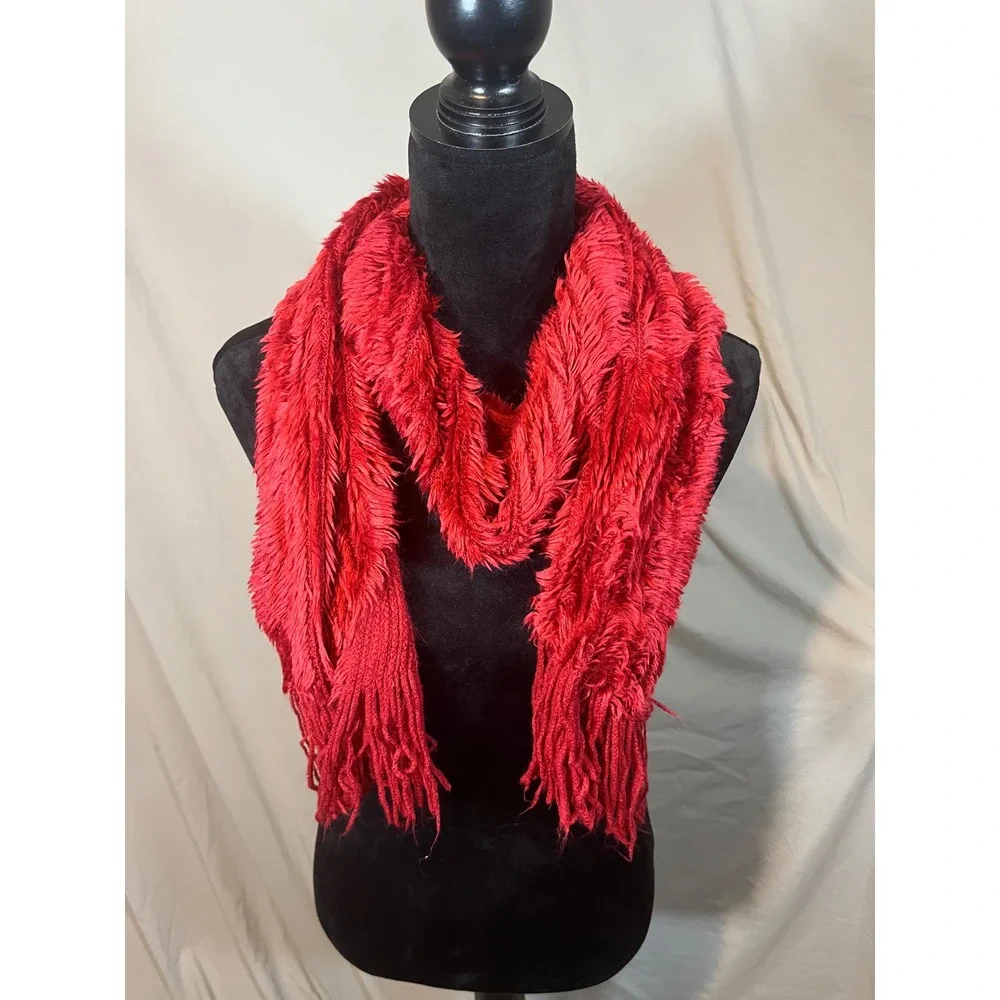 Red Eyelash Knit Shaggy Faux Fur Trim Ribbed Scarf with Fringe Statement Red‎